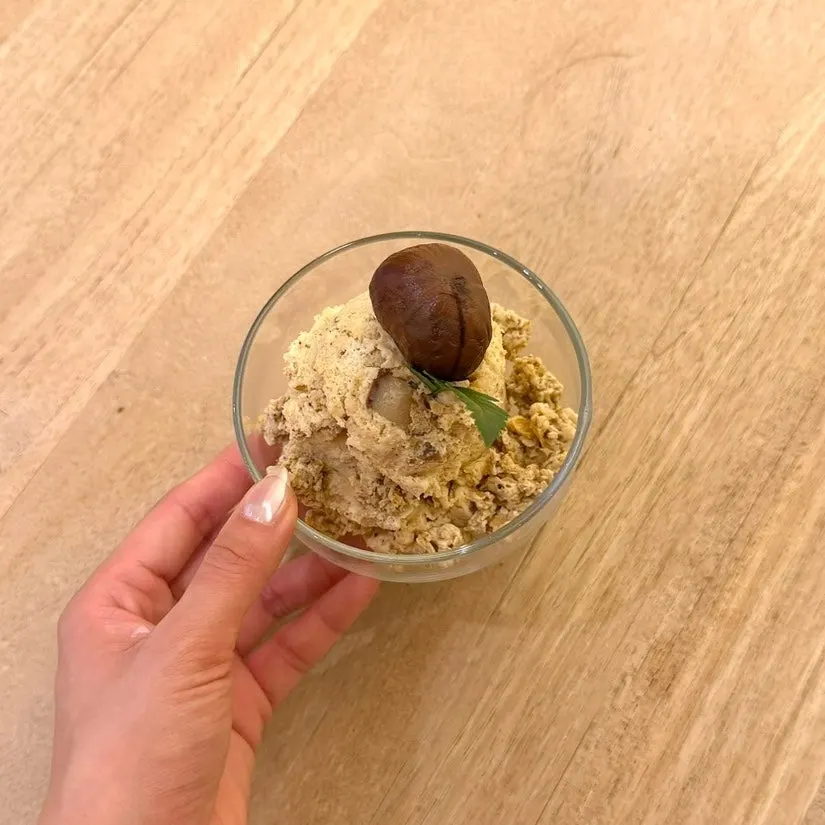 Close-up of the Mont Blanc chestnut cream pudding