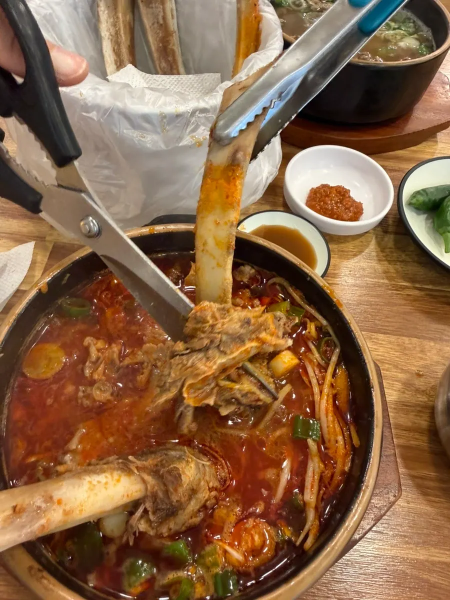 Meat separating easily from the bone in the spicy galbitang