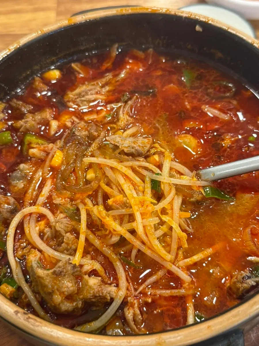 A spoonful of spicy galbitang broth