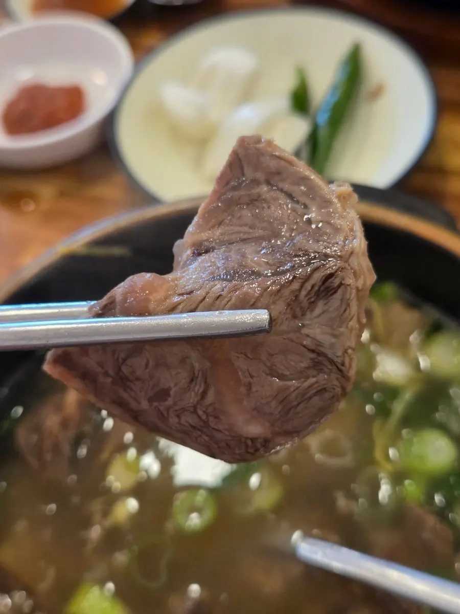 국물과 함께 건져 올린 아롱사태 조각