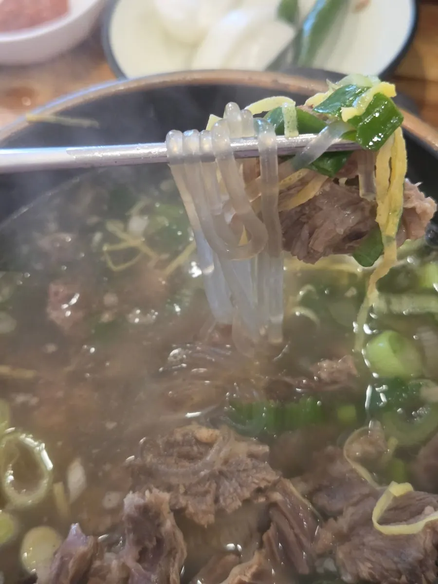 양념 소스에 찍은 갈비 고기 한 점