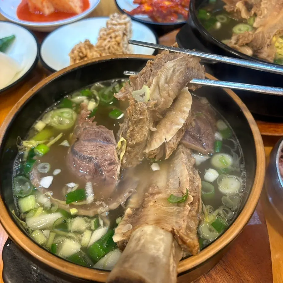A spoonful of Aron Satae Galbitang broth and meat