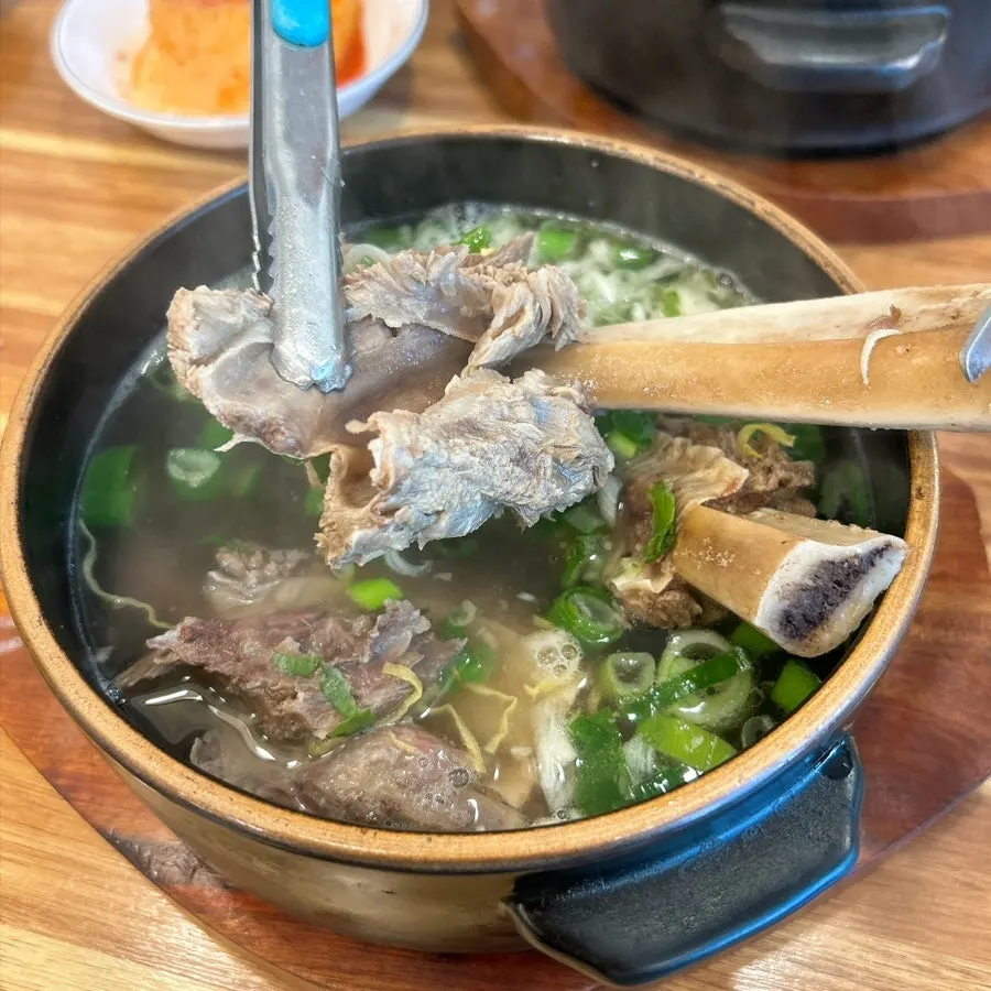 Inside view of the galbitang pot topped with plenty of scallion