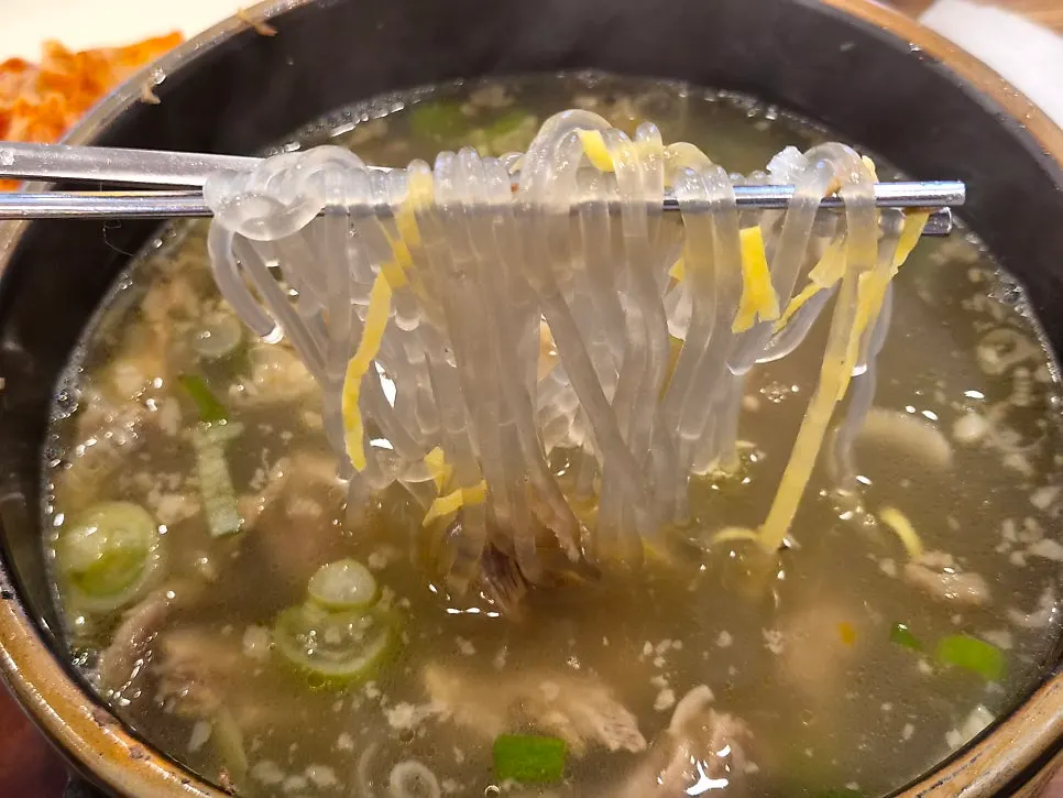 Close-up of the galbitang broth and meat