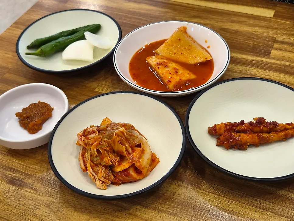 Basic side dishes plus doraji salad from the self-serve bar