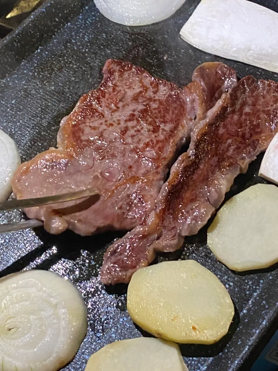 A golden-grilled piece of hanwoo sirloin
