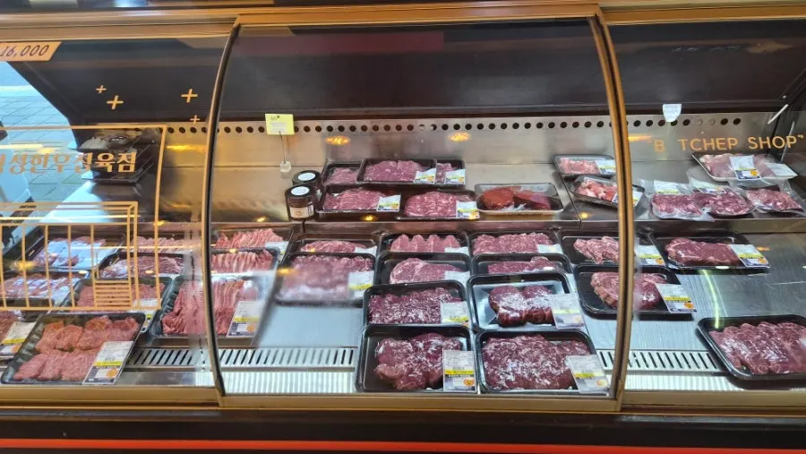 Hanwoo beef displayed in the butcher shop showcase
