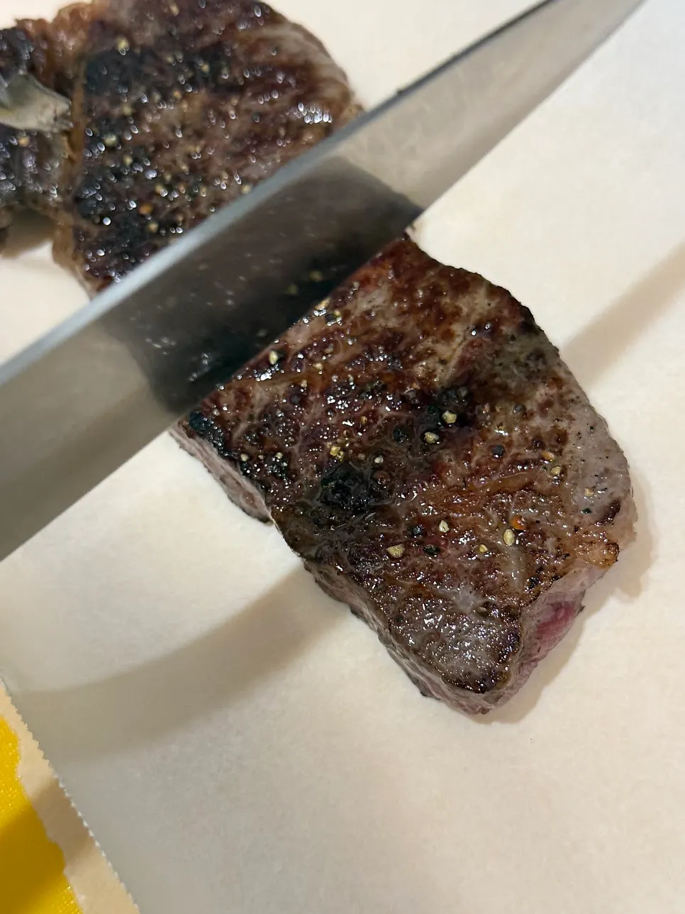 Cross-section of hanwoo striploin sliced medium-rare