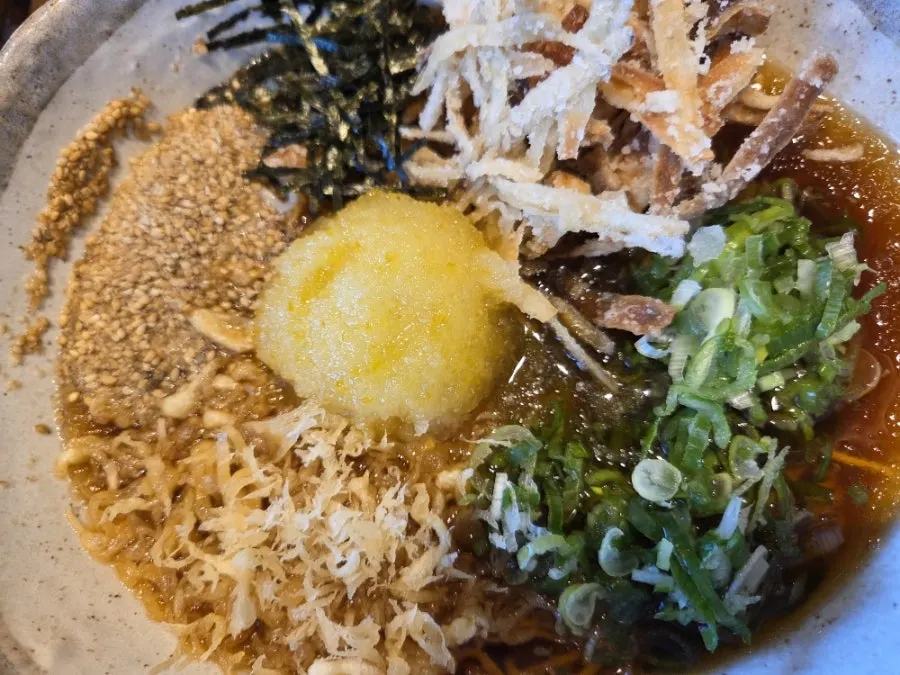 Yuzu-scented cold ramen broth and toppings