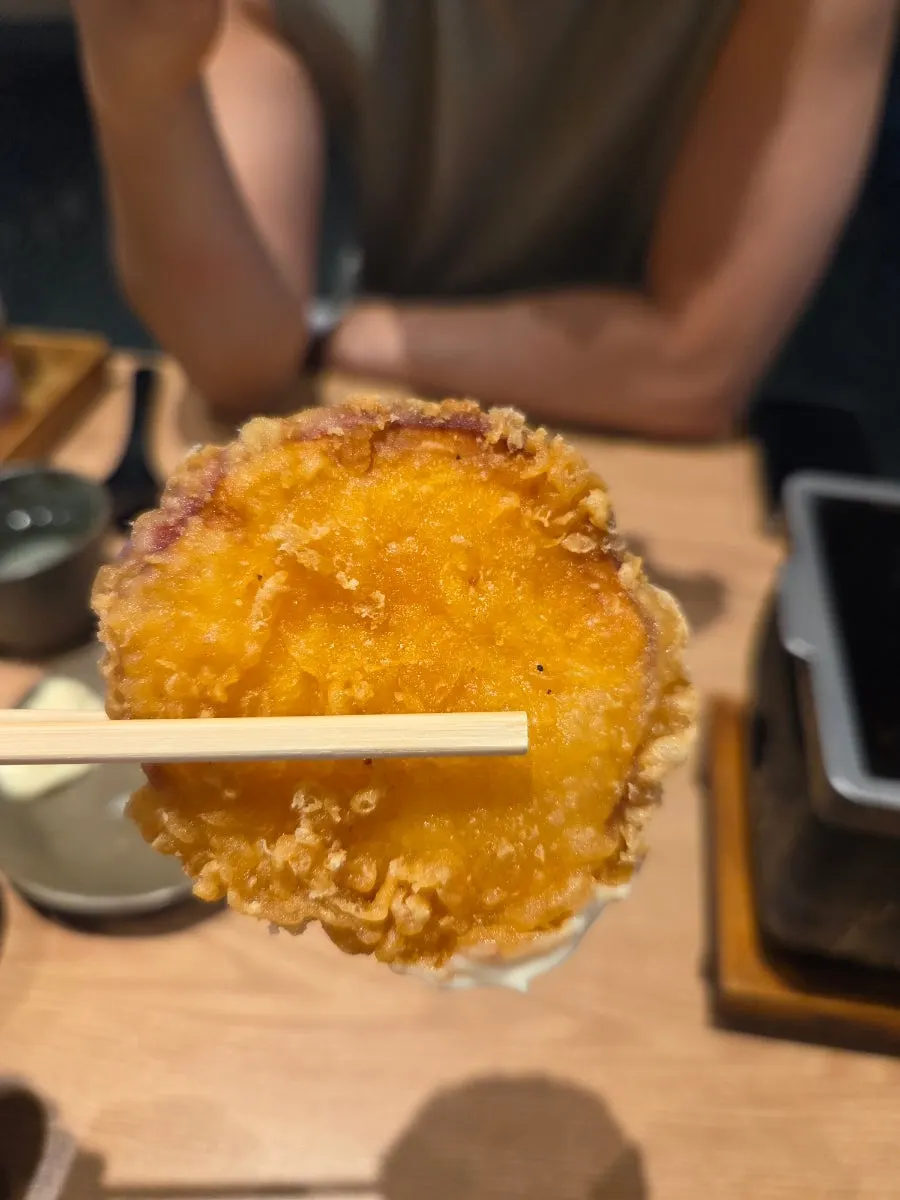 Plate of freshly fried sweet potato tempura