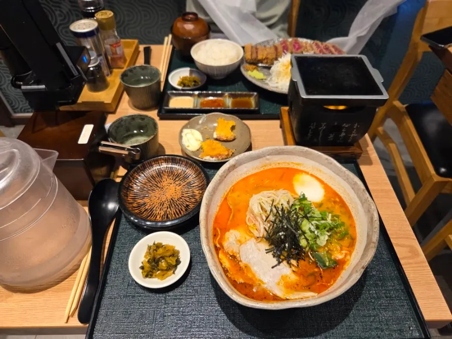 Gyukatsu and ramen spread on the table