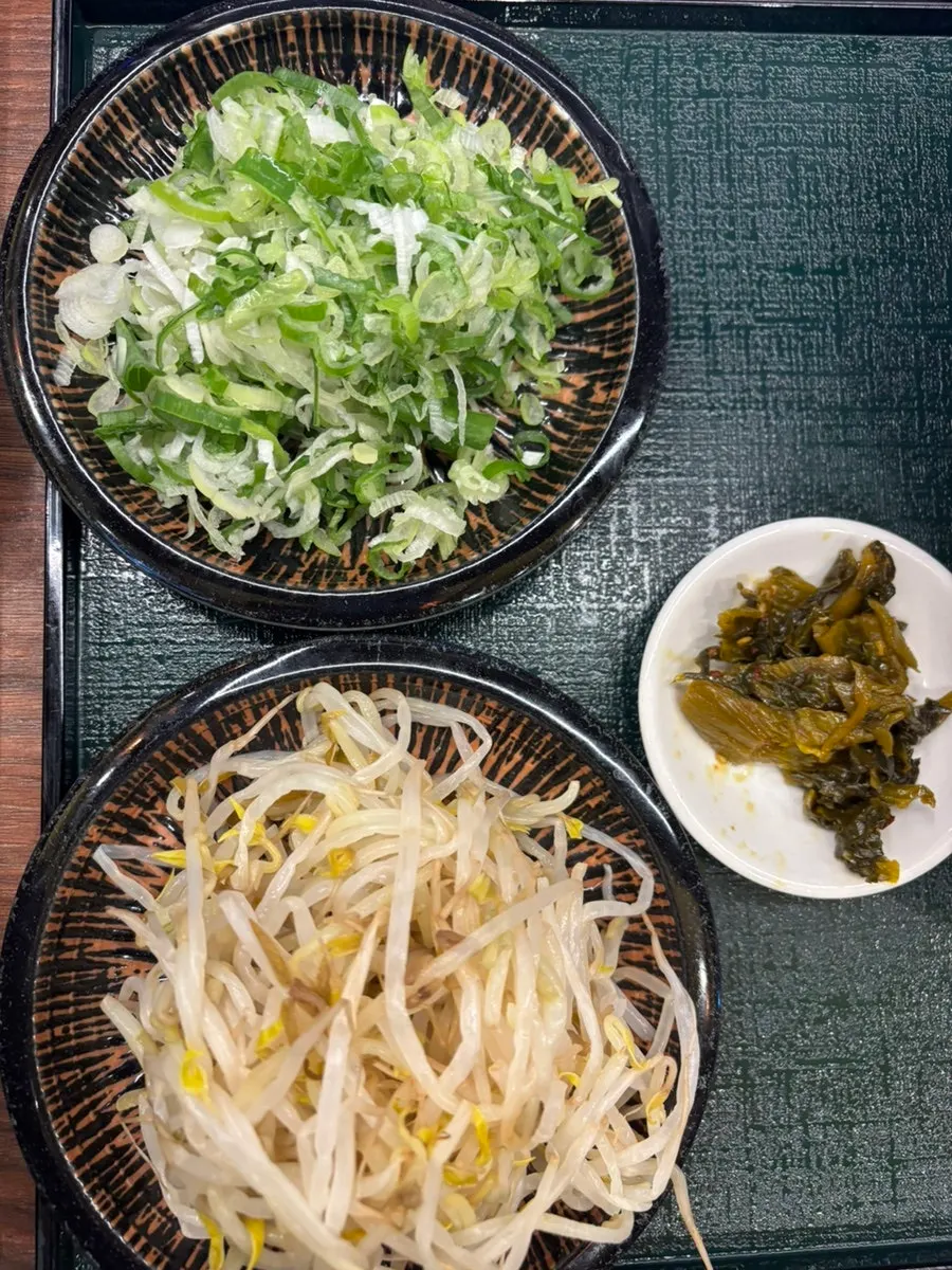 Soft-boiled egg, scallion, and bean sprouts served separately as add-ons