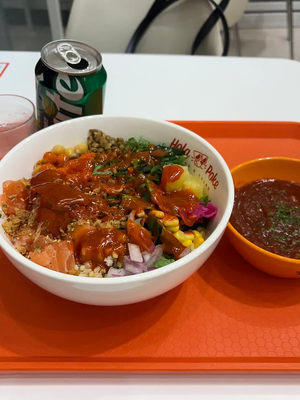 Close-up of buldak salmon poke topped with buldak sauce