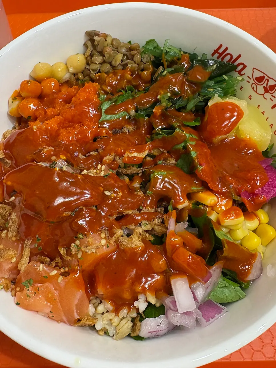 Salmon topping drizzled with house-made buldak sauce
