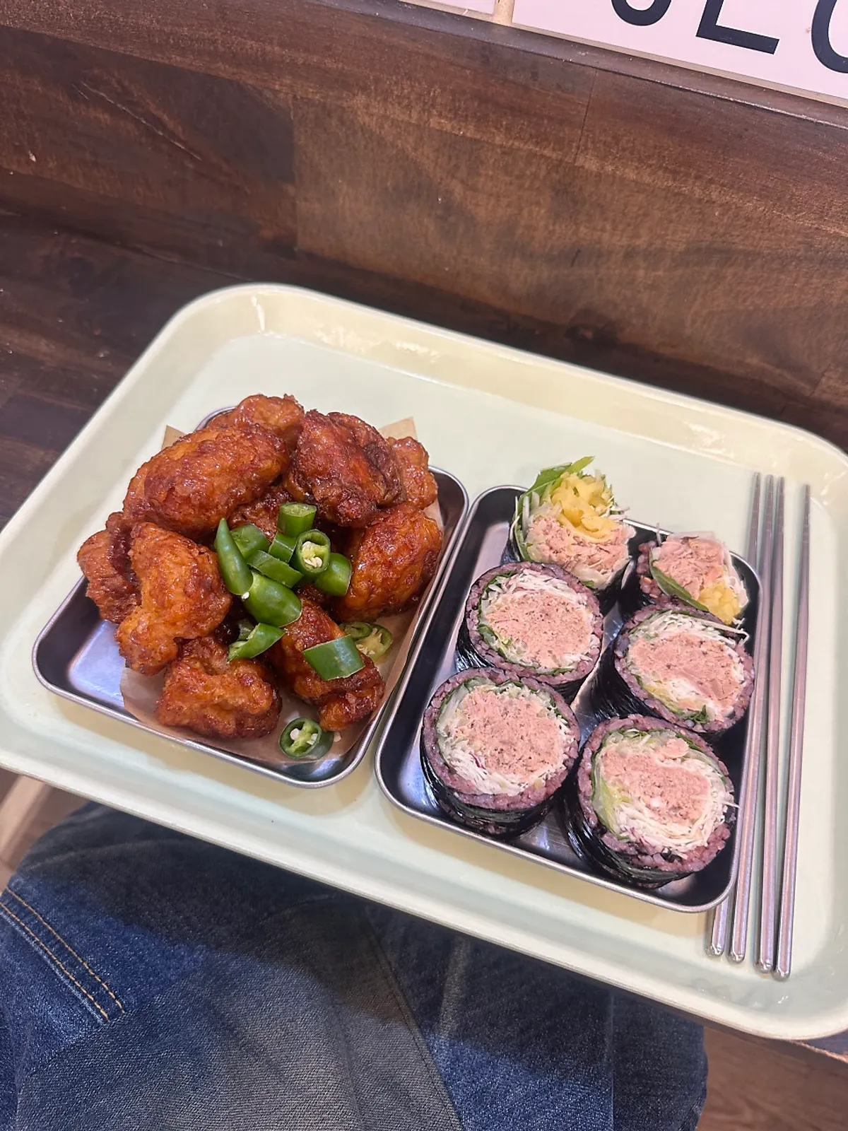 Entrance of Halls Gimbap Main Branch with takeout customers during lunch hour