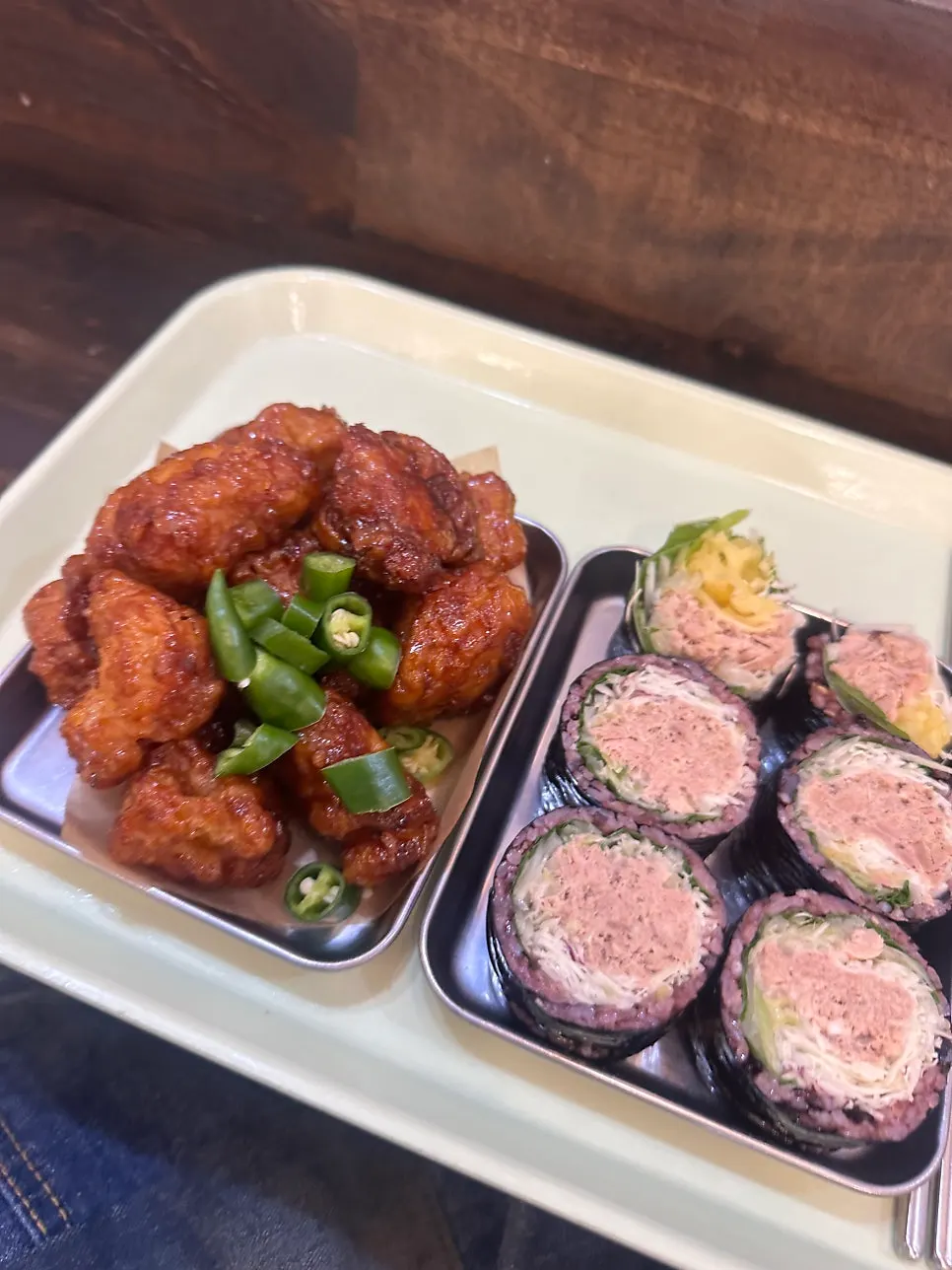 Jindo green onion tuna gimbap served with Halls Dakgangjeong S