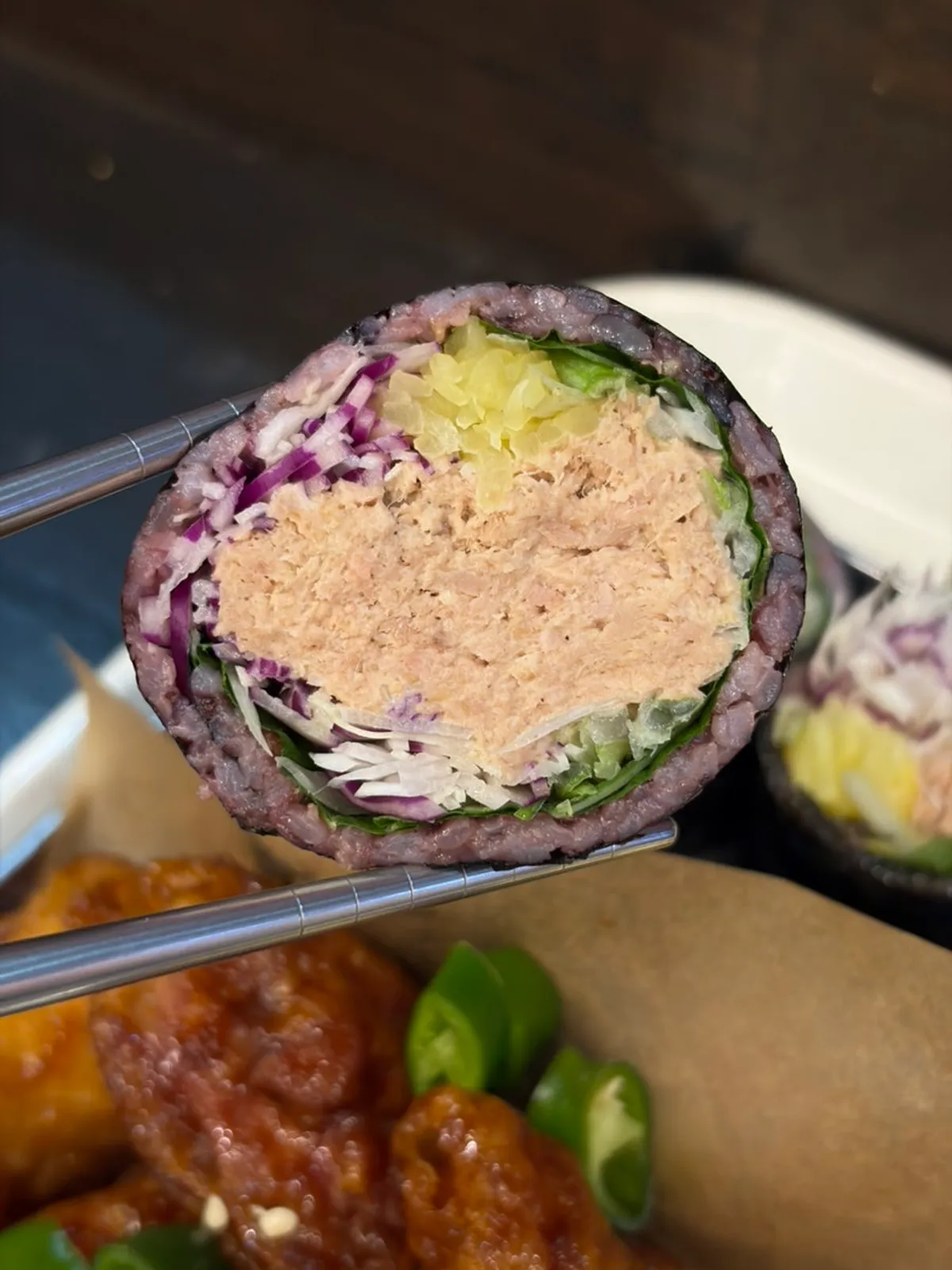 Cross-section of the generously filled Jindo green onion tuna gimbap
