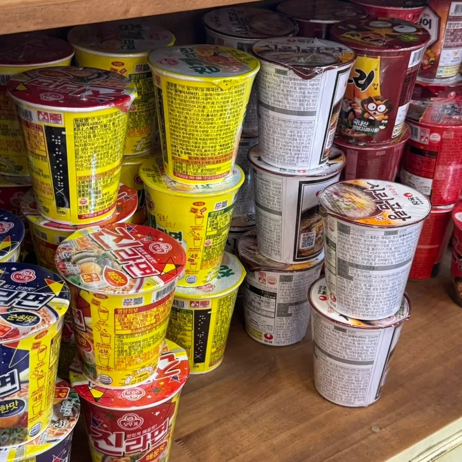 Sesame ramen and Buldak Bokkeum Myeon on the noodle shelf