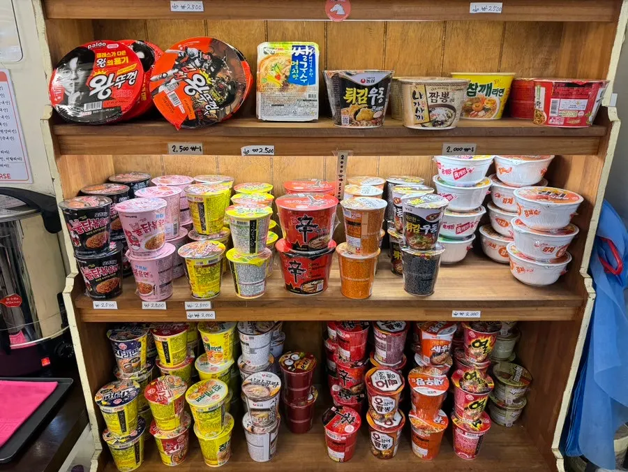 Cup noodles displayed on one side of the store