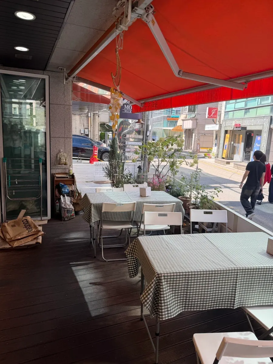 Outdoor terrace table near the entrance