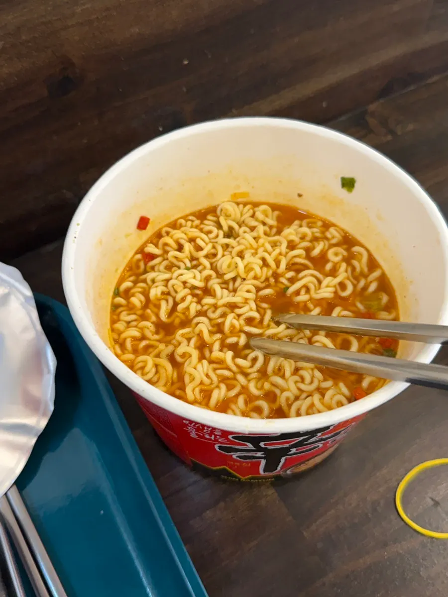 Cup noodle eaten alongside the gimbap