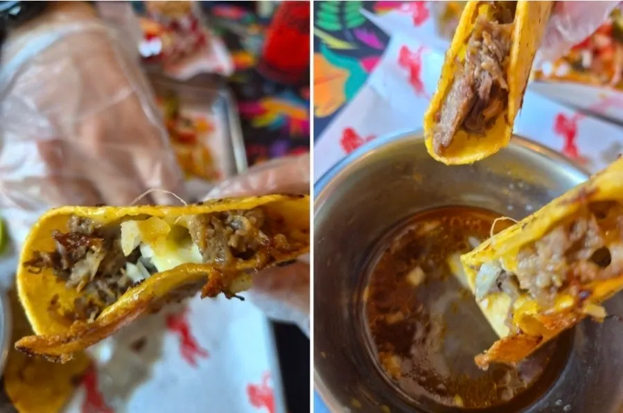 Close-up of birria taco filled with meat and cheese