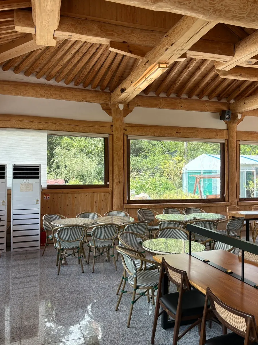 Indoor seating area of the hanok café
