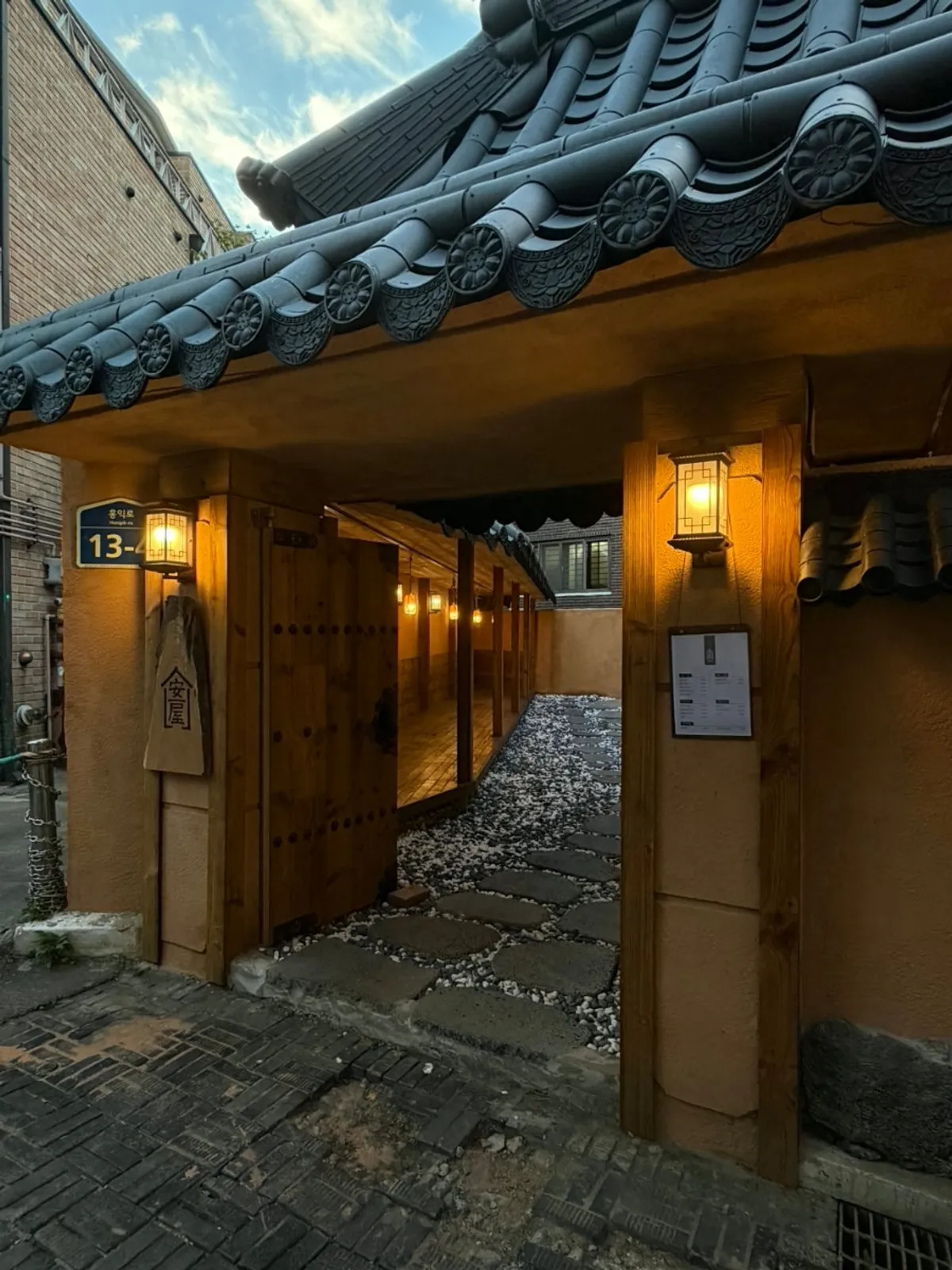 Hanok-style exterior of Anok, a Korean restaurant in Hongdae