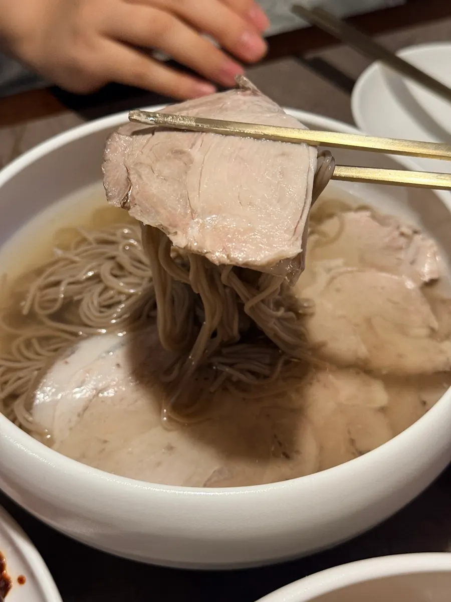 Close-up of Pyongyang naengmyeon noodles and broth