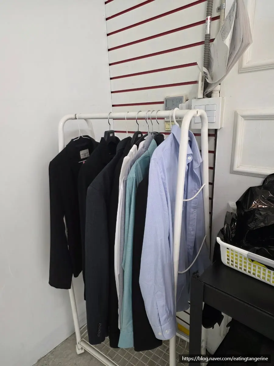 Outfit corner with shirts and blazers hanging