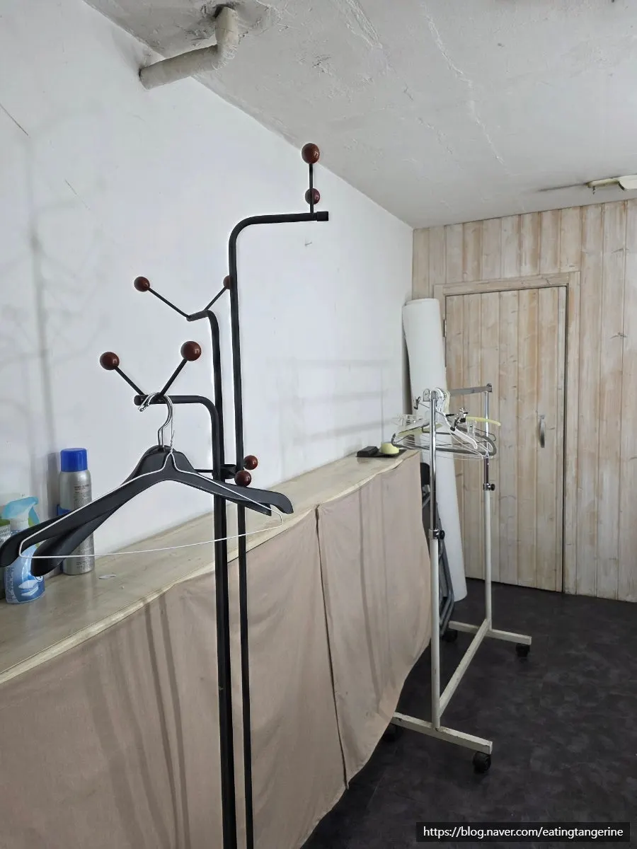 Coat hangers at the back of the powder room