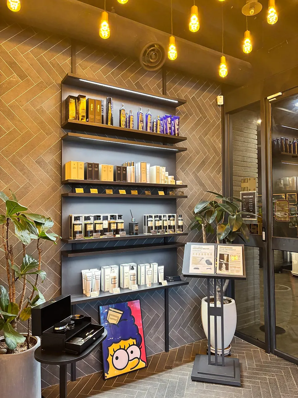 Hair product display and waiting area near the entrance