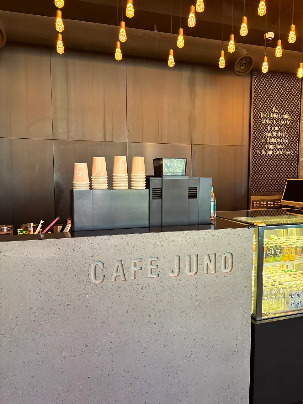Café-style drink area inside the salon