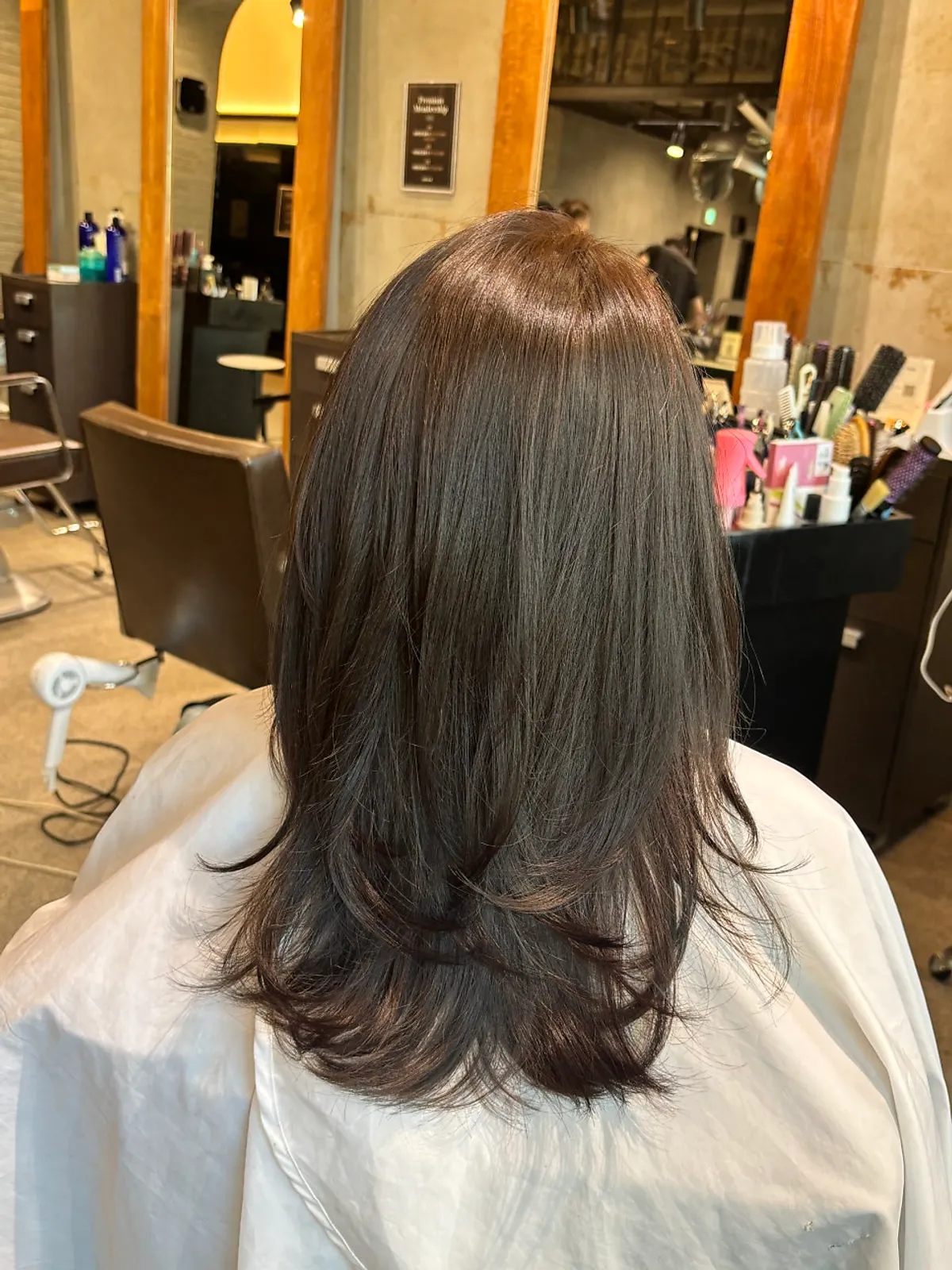Ash brown color with a C-curl blow-dry layered cut style