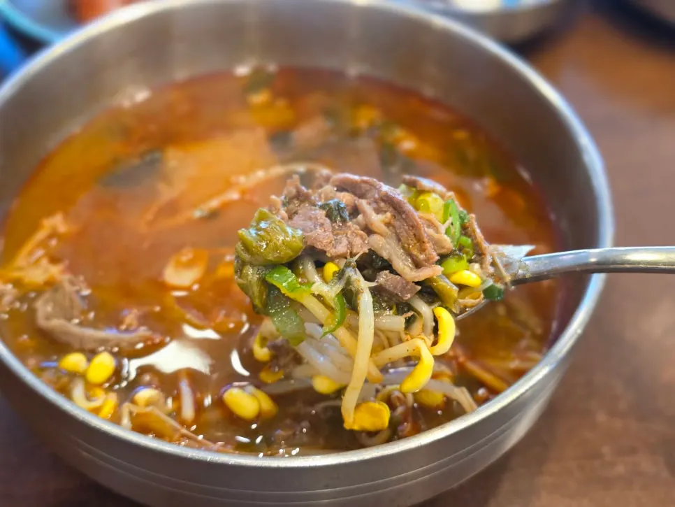 숟가락에 담은 소고기국밥 건더기