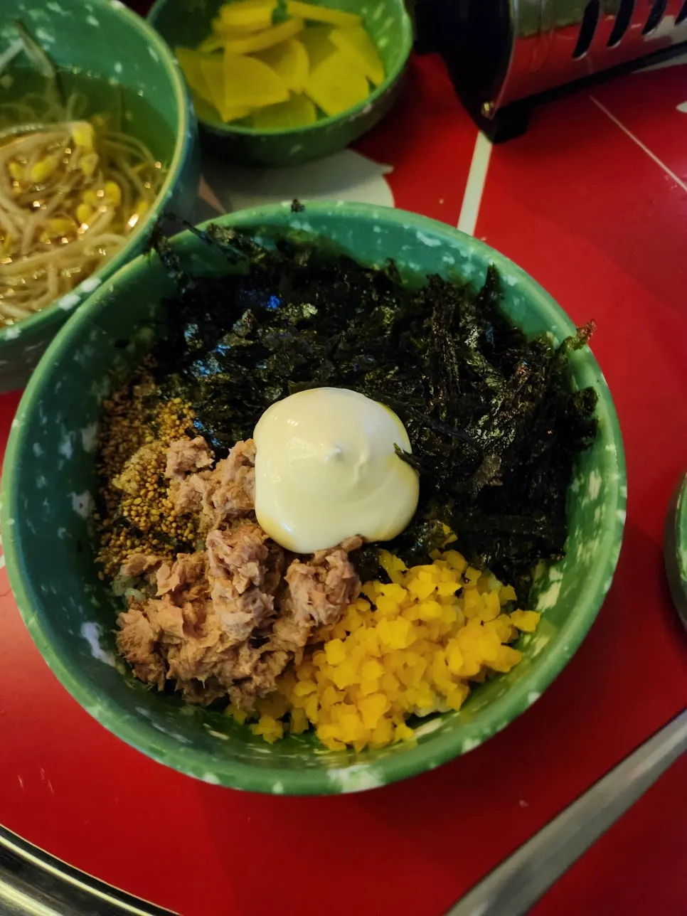 Tuna mayo rice balls served with soju and beer