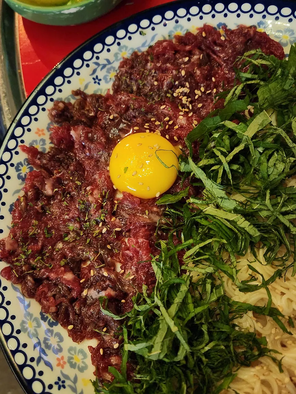 Grade 1++ hanwoo beef tartare served with somyeon noodles