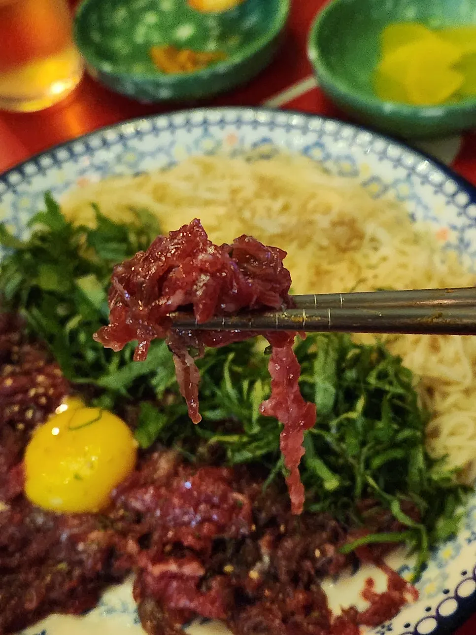 Close-up of the grade 1++ hanwoo beef tartare plate