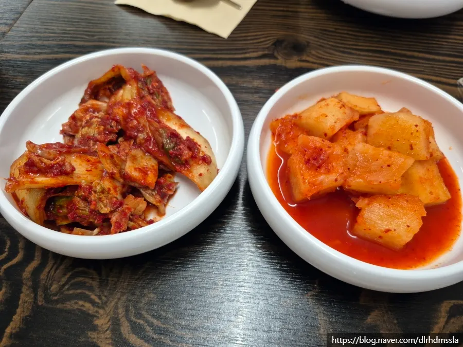 Basic side dishes of napa cabbage kimchi and diced radish kimchi
