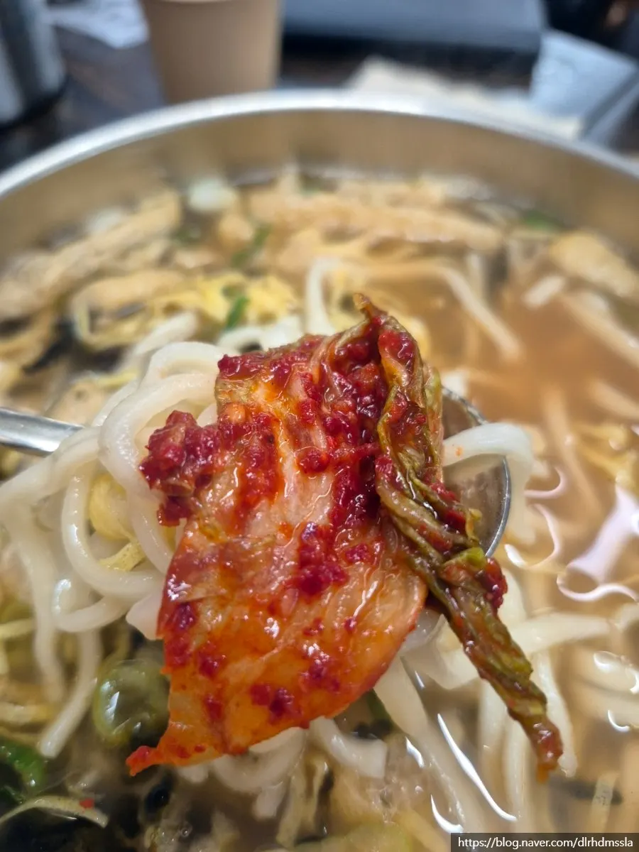 Lifting a strand of anchovy kalguksu noodles