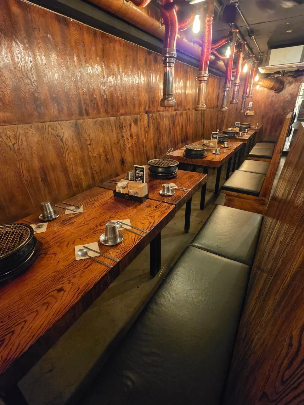 Restaurant interior with a long group table