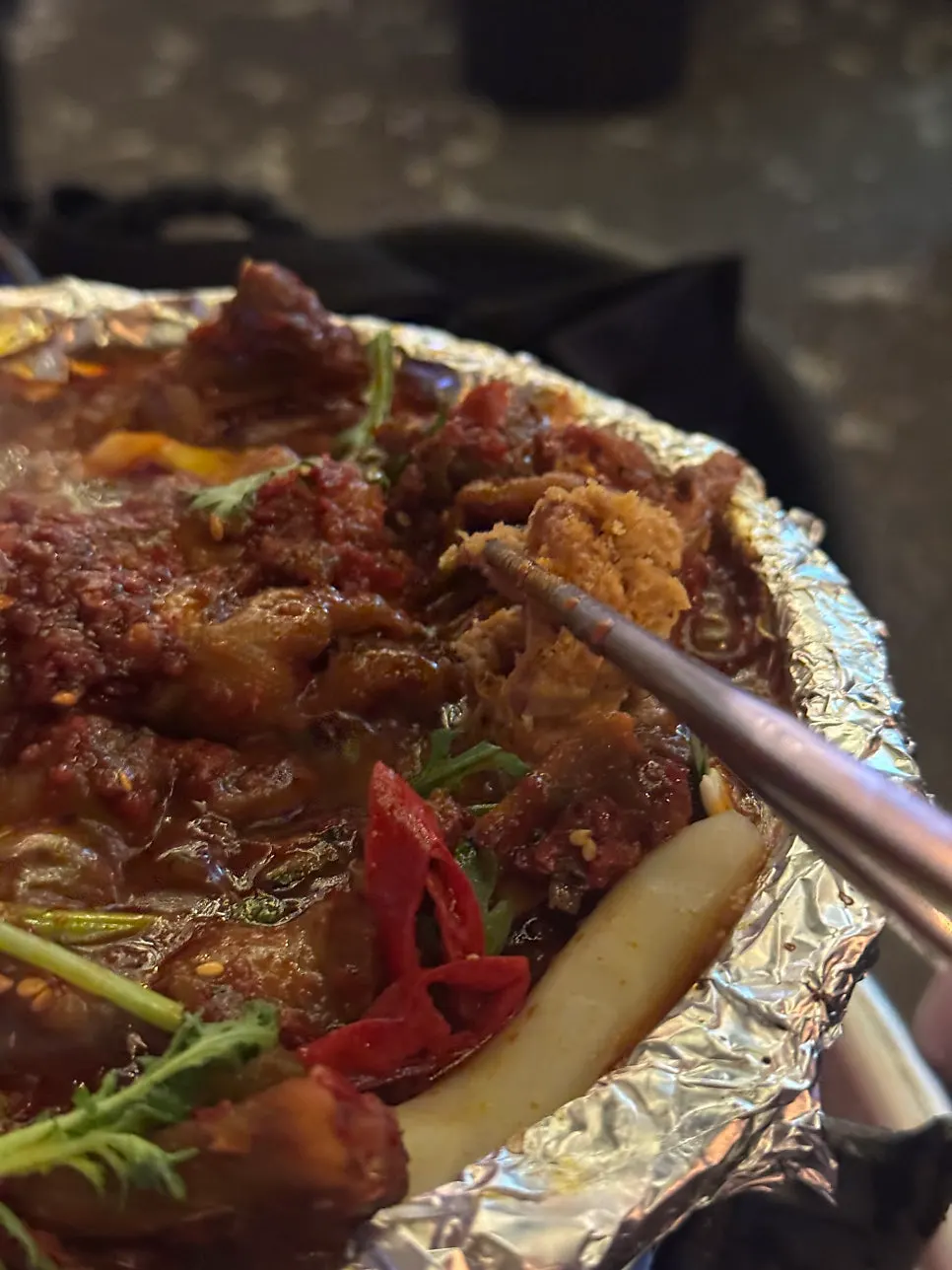 The full-table set nearing the end of the meal