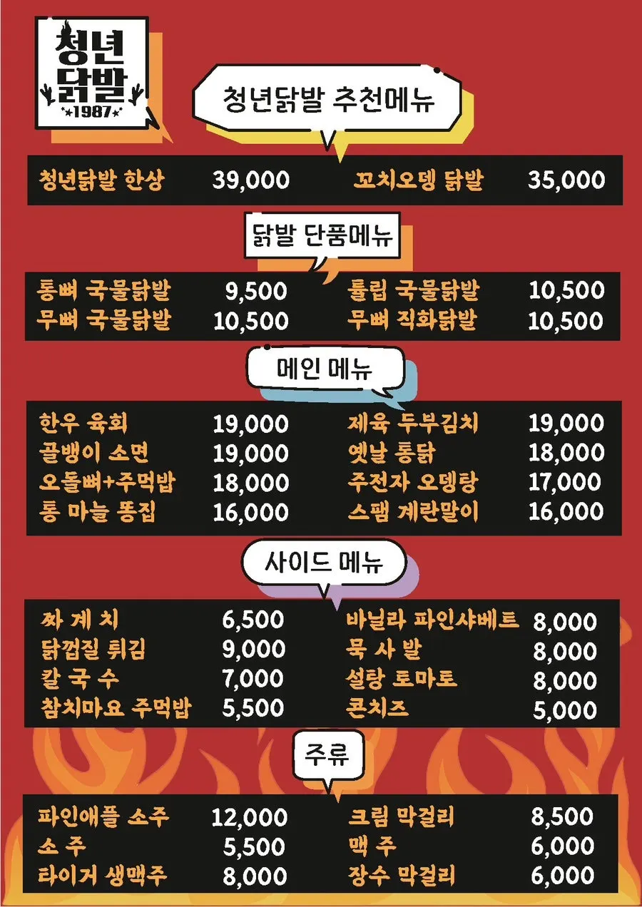 Menu board listing soup chicken feet and side dishes at Cheongnyeon Dakbal 1987