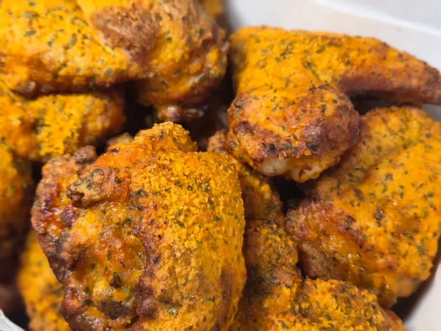 Close-up of a Gochu Basasak chicken piece