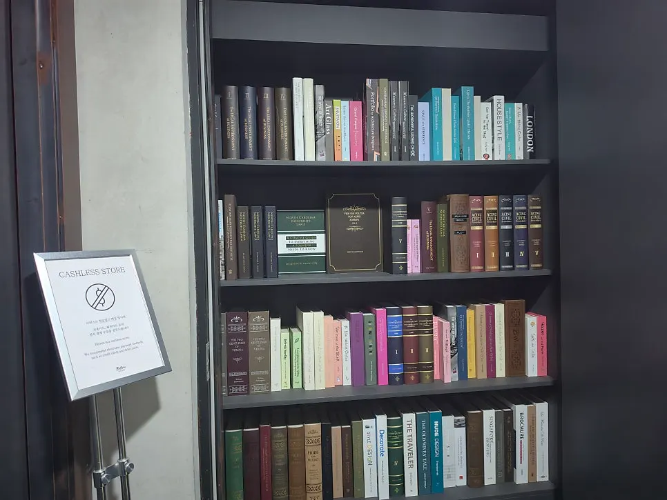 The large bookshelf at Bitters' entrance