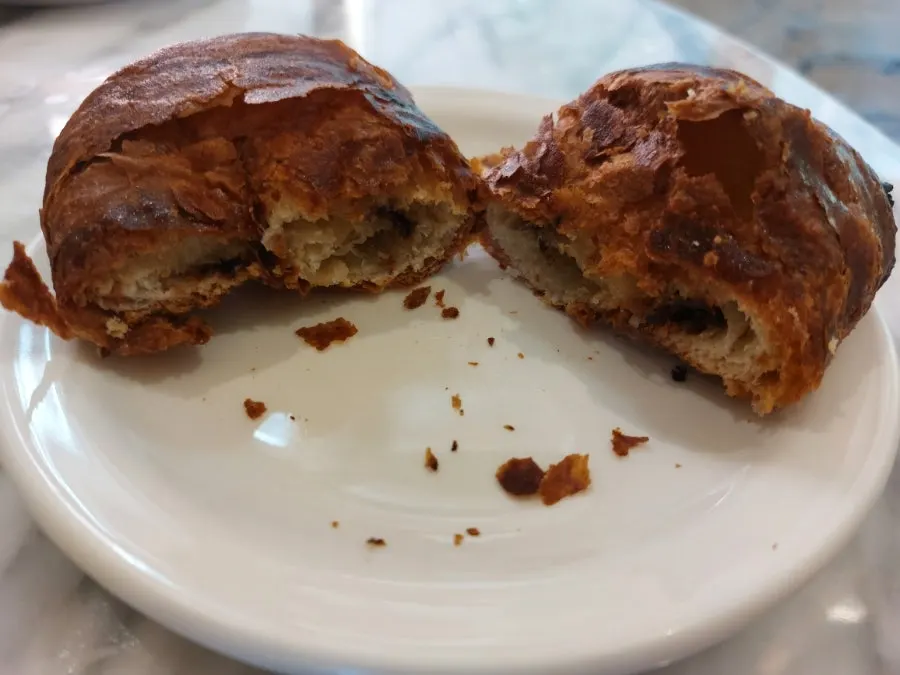 Cross-section of the pain au chocolat with chocolate inside