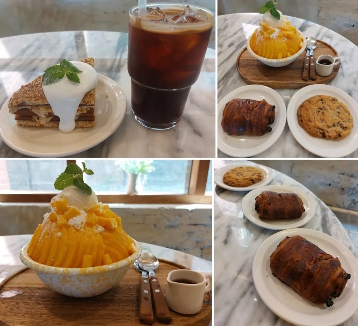 A full spread of desserts and drinks at MELA Hongdae