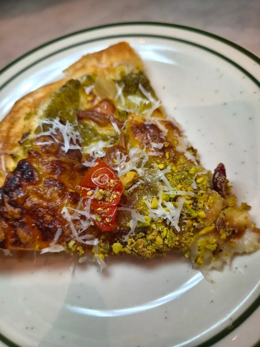 Cross-section of the flaky pastry pizza crust