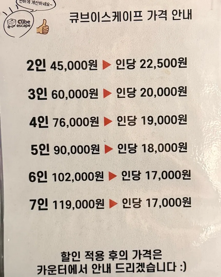 Pricing guide by group size at Cube Escape Hongdae Branch