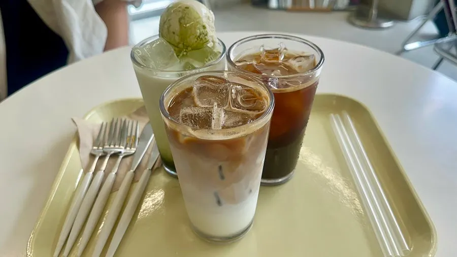 Drinks and fig soufflé ordered at Think Fruit